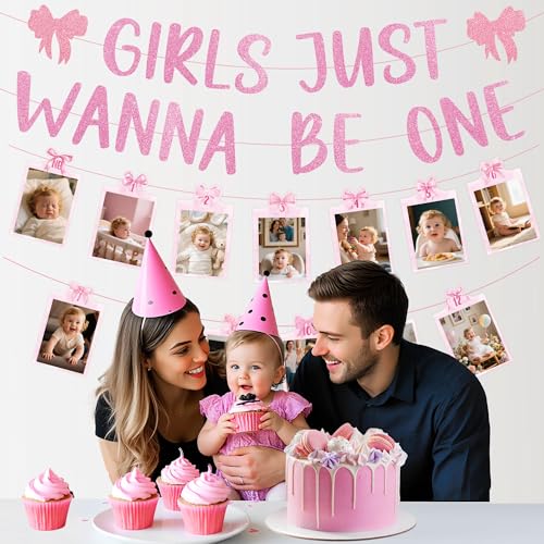 Girls First Birthday Banner & Photo Garland Set for Baby Girl Celebration