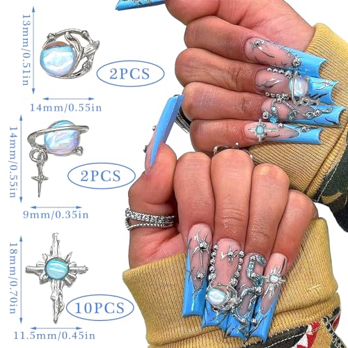 RODAKY 14Pcs 3D Cross Nail Charms Rhinestone Blue Crystal Jewels