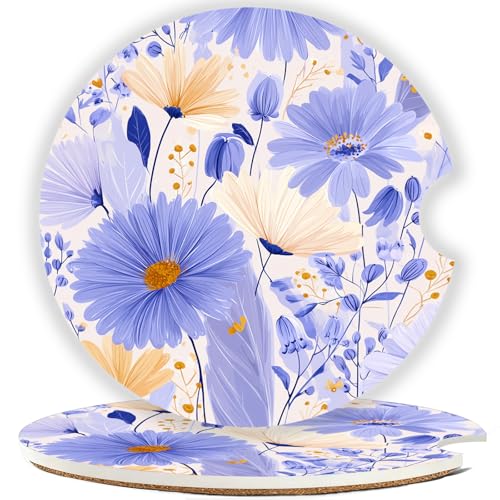 Ceramic Car Cup Holder Coasters Set of 2 - Purple Flower Design