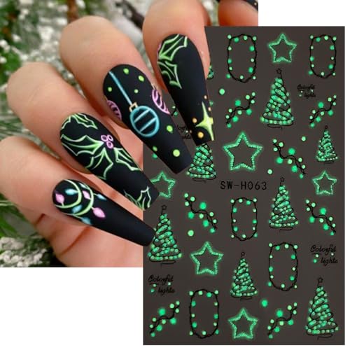 Christmas Nail Stickers 6 Sheets 3D Glow in the Dark Winter Decals