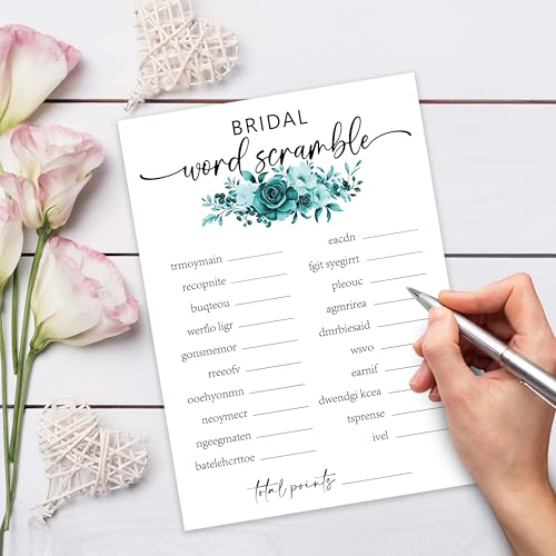 Bridal Shower Word Scramble Game Cards - Turquoise Floral Design