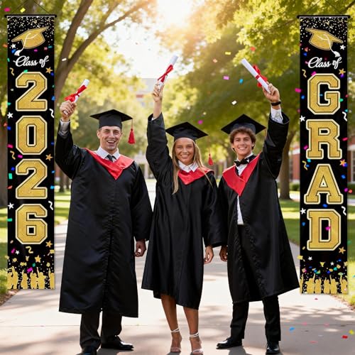 Class of 2026 Graduation Banner - Black and Gold Porch Decoration with Hooks