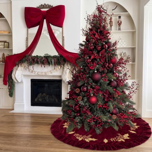 Christmas Tree Skirt 72 Inch Gold Embroidered Holly Style Red with Variation of THIS listing