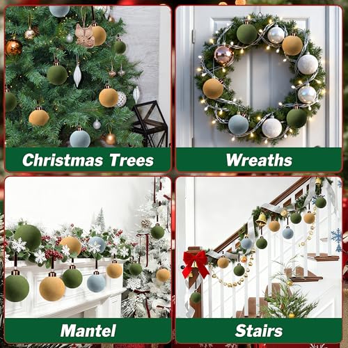 Velvet Christmas Balls Set - 30 Pcs 2.4 Inch Shatterproof Holiday Ornaments in Green Khaki Dusty Blue