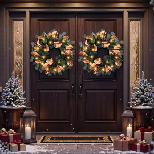 Magnolia 26 Inch Battery Operated Christmas Wreath with Lights - Prelit Cedar Door Decor