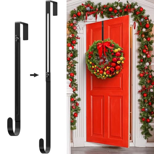 Adjustable Metal Wreath Hanger for Front Door, 12-20" Black Over-the-Door Hook