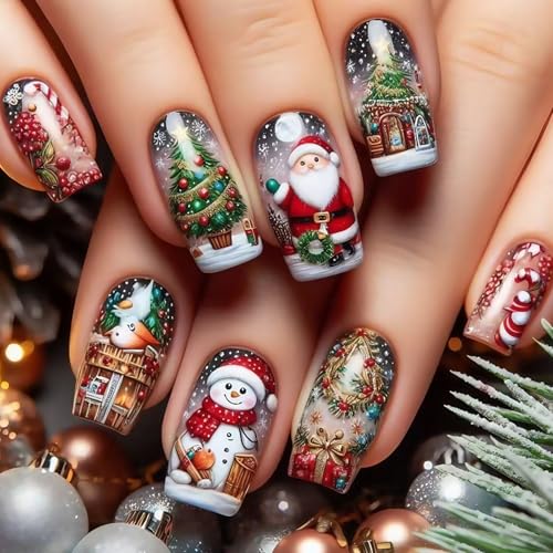 Christmas Press on Nails Medium Square False Nails 24Pcs