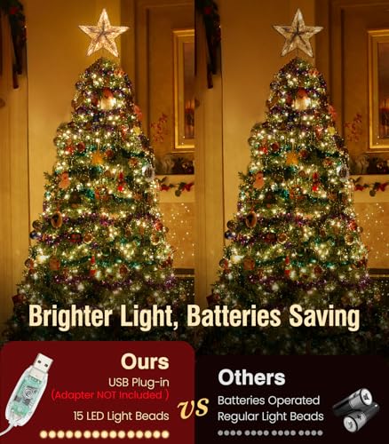 Christmas Tree Star Topper LED Glitter Metal 3D Lights - Champagne Gold