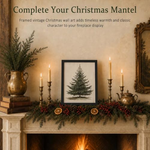 Vintage Christmas Tree Wall Art - Black Framed Botanical Print 10x8