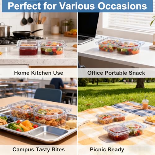 20 Pack Reusable Snack Containers with Lids & Forks, 3-Compartment Food Storage
