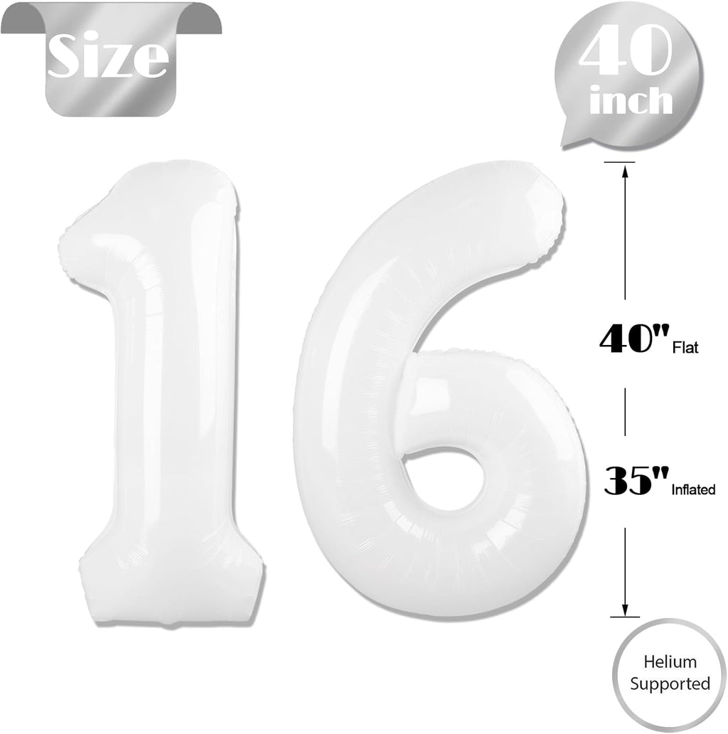 Number 16 Balloon - 40 Inch White Birthday Decoration for 16th Party Supplies - Perfect for Boys & Girls
