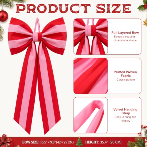 Large Red Pink Stripe Christmas Tree Topper Bow - 35x17 Inch Holiday Decor (Variation: Red Pink / Stripe)