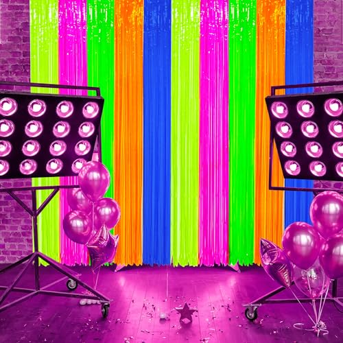 Neon Foil Fringe Curtains - 2 Pack Glow in The Dark Tinsel Streamers, 3.3 x 6.6 Ft