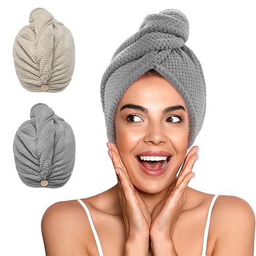 YFONG Microfiber Hair Towel Wrap, 2-Pack Quick Dry Turban, 26"x10"
