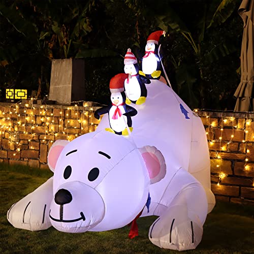 Large Lighted Christmas Inflatable Polar Bear with Penguins - Yard & Garden Decor