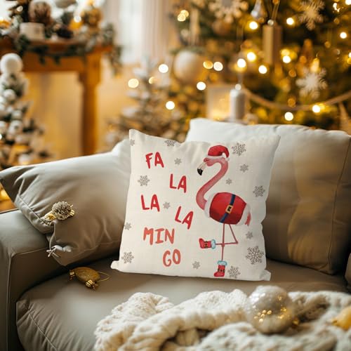 Christmas Flamingo Throw Pillow Cover 18x18, Red Snowflake Xmas Cushion Case