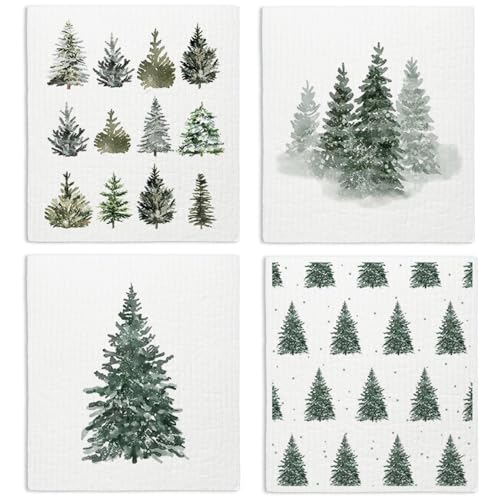 Christmas Pine Tree Swedish Dishcloths for Kitchen - Reusable & Washable 4 Pack - Christmas Tree Variation