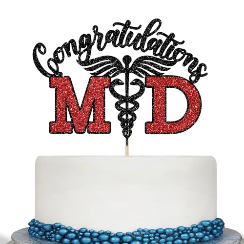 Congrats MD Cake Topper Black and Red Glitter Medical School Graduation Party
