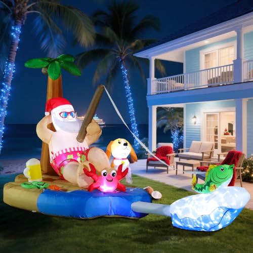 10FT Christmas Inflatable Santa Fishing by a Palm Tree with LED Lights - Holiday Yard Decor