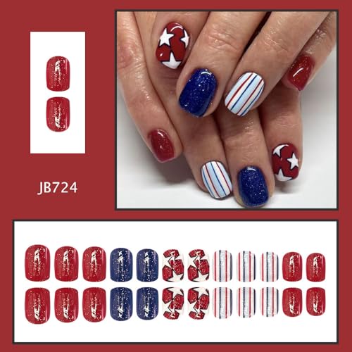 4th of July Short Square Press on Nails Star Acrylic Fake Nails 24Pcs