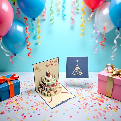 3D Pop-Up Birthday Cake Greeting Card with Envelope for Friends and Family