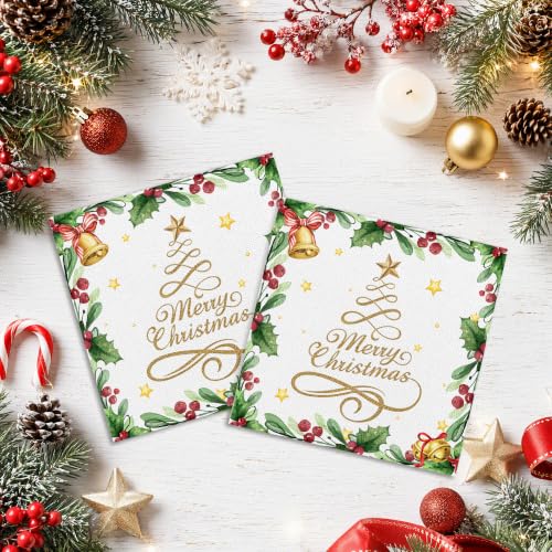 Merry Christmas 50 Pack Disposable Paper Napkins - Gold Bells & Holly Decor