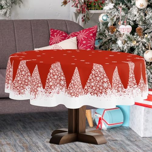 Christmas Tablecloth 70 Inch Round Red Snowflakes Tree Theme Spillproof Washable Fabric Xmas Decor - Variation Xmas Tc 08 / 70"