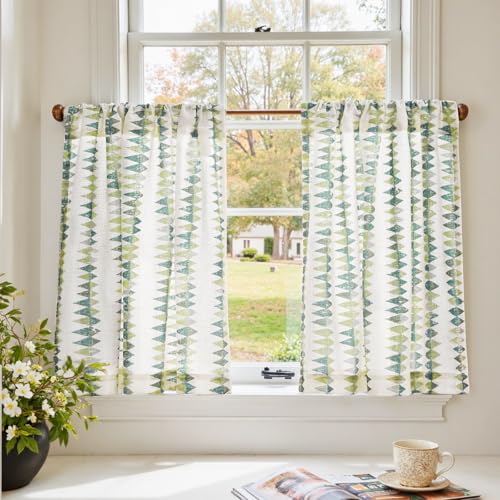 jinchan Sage Green Tribal Linen Kitchen Tier Curtains, 26x24 Inch 2 Panels