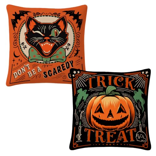 Halloween Throw Pillow Covers, 18x18 Rustic Linen Ghost Decor - Set of 2