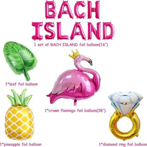 Tropical Island Bachelorette Party Balloon Banner Set - 16" Mylar Flamingo, Palm Tree, and Ring