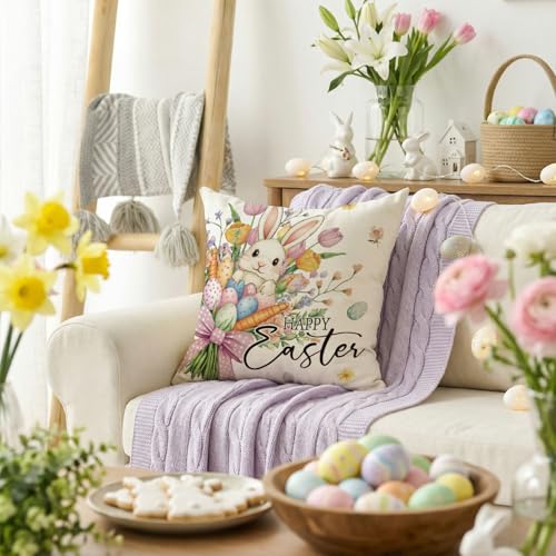 Happy Easter Bunny Flowers Throw Pillow Cover - 18x18 Inch