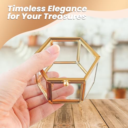 Vintage Hexagonal Glass Keepsake Box, Gold Jewelry Organizer - 3.1 x 2.5 Inch
