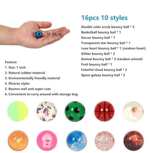 Assorted Small Bouncy Balls for Kids - 16pcs Party Favors