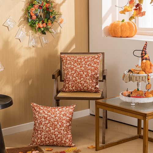Allorry Rust Daisy Floral Pillow Covers, 18x18 Farmhouse Cushion Set of 2