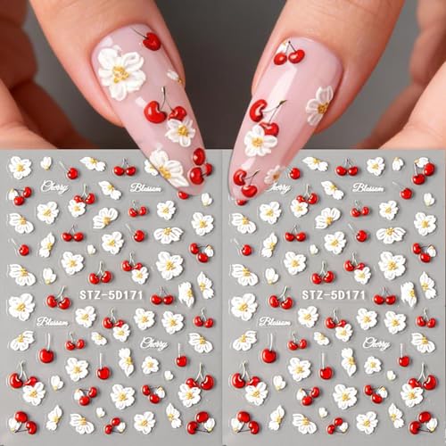 5D Flower Nail Stickers Embossed Cherry Floral Decals DIY Manicure 2 Sheets