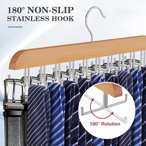 Wooden Tie and Belt Organizer Hanger with 20 Rotating Foldable Hooks