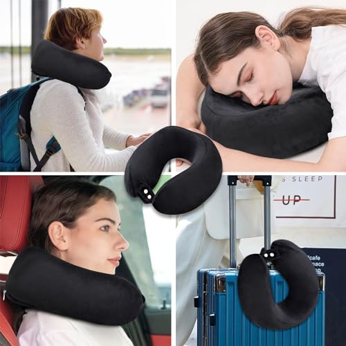 Black Memory Foam Neck Pillow for Travel & Airplane Comfort