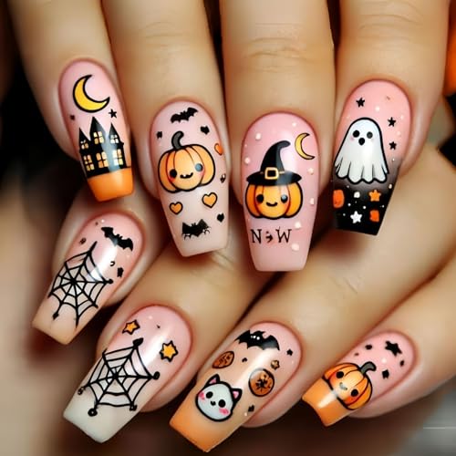 Halloween Pink Press on Nails Medium Ballet Pumpkin Ghost False Nails