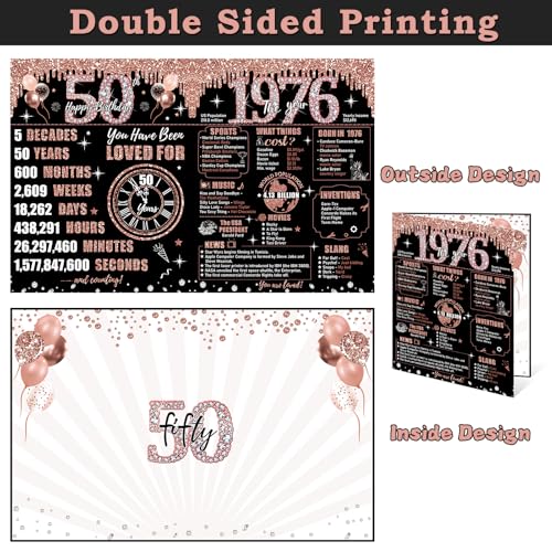 Extra Large Rose Gold 50th Birthday Card for Women with Envelope - 22x14 Inches