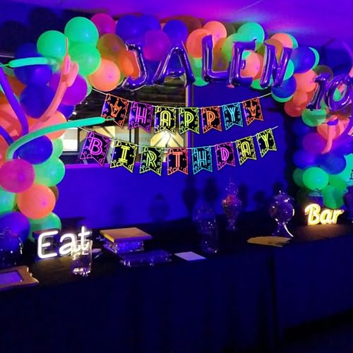 Neon Glow Happy Birthday Banner Pre-Strung Black Light Party Decorations