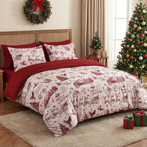CAROMIO Christmas Duvet Cover Queen Size Red Holiday Printed Bedding Set 90x90