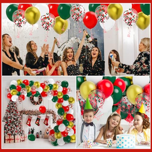 Red Green White Gold Balloons Set - 60 pcs Latex Christmas Party Decorations with Confetti