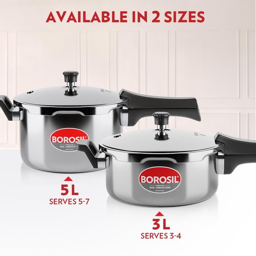 Borosil 5 L Triply Outerlid Presto Cooker | SS304 Food Grade Stainless Steel Pressure Cooker | Gas Stove & Induction Compatible | Dishwasher Safe | 5 Years Warranty