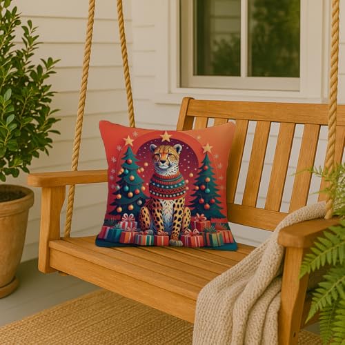 Cheetah Christmas Fabric Decorative Pillow - 18x18 Inches, Machine Washable, Indoor Outdoor Cushion with Variation Cheetah 1176