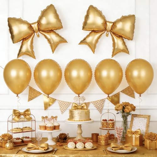 5 Pcs 38-Inch Gold Bow Foil Balloons - Coquette Party Decorations