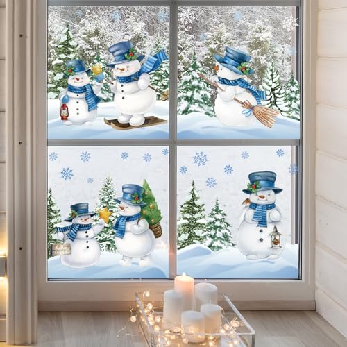 Winter Christmas Snowman Window Clings - Reusable Watercolor Holiday Decals for Home & Party