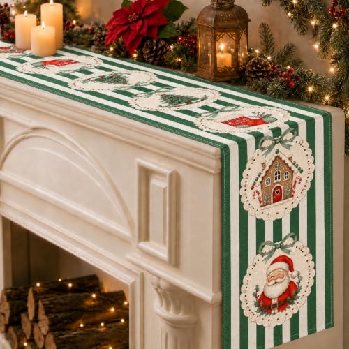 Green Stripe Candy Cane Poinsettia Christmas Table Runner 13 x 108 Inch Holiday Decor