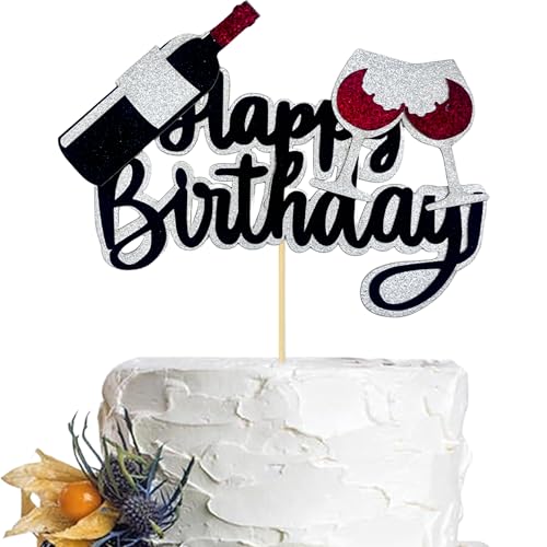 Black Glitter Happy Birthday Cake Topper with Wine Glasses