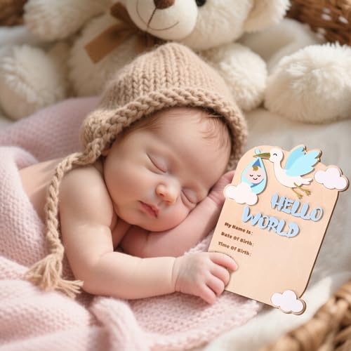 Hello World Wooden Newborn Welcome Sign for Baby Birth Announcement