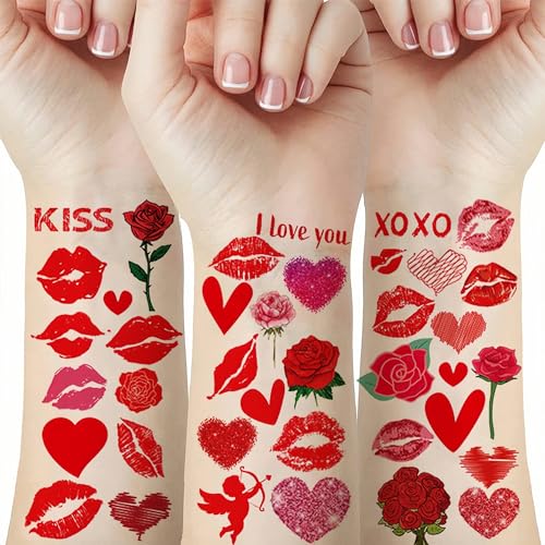 Valentines Day Temporary Tattoos - 10 Sheets Red Heart Lip Fake Tattoos